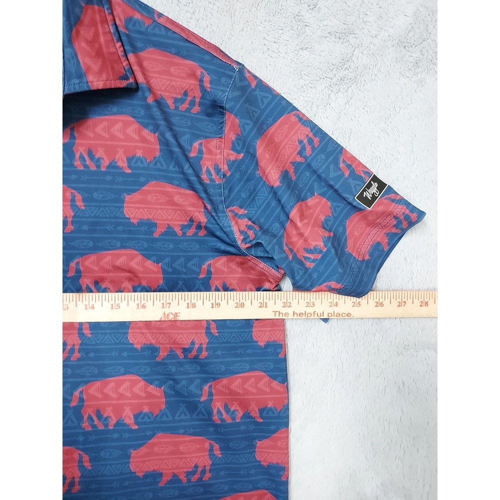 Waggle Polo Shirt Mens Large Buffalo Bison Print Golf Performance Blue Aztec Red - Picture 6 of 7